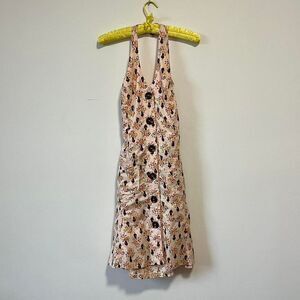 70s Vintage Pink Flower Pot Floral Print Halter Mini Dress Cotton Pockets Button